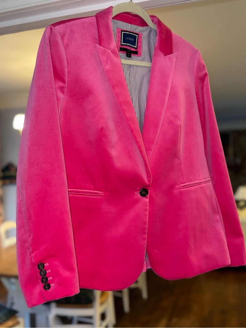J.Crew Parke Velvet Blazer Bright Begonia Pink Stripe Lining One Button Jacket
